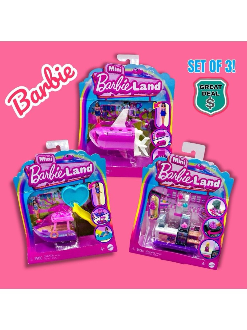 Barbie Land Mini Lot of 3! Barbie Plane, Bakery & Barbie Dreamboat! NEW!
